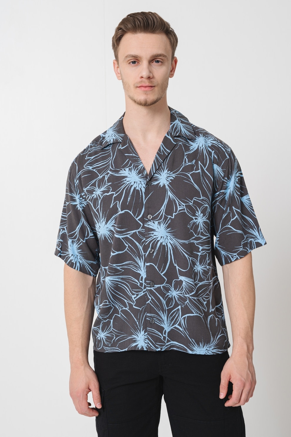 Only & Sons, Camasa cu maneci scurte si model floral, Albastru pastel, Gri inchis, L