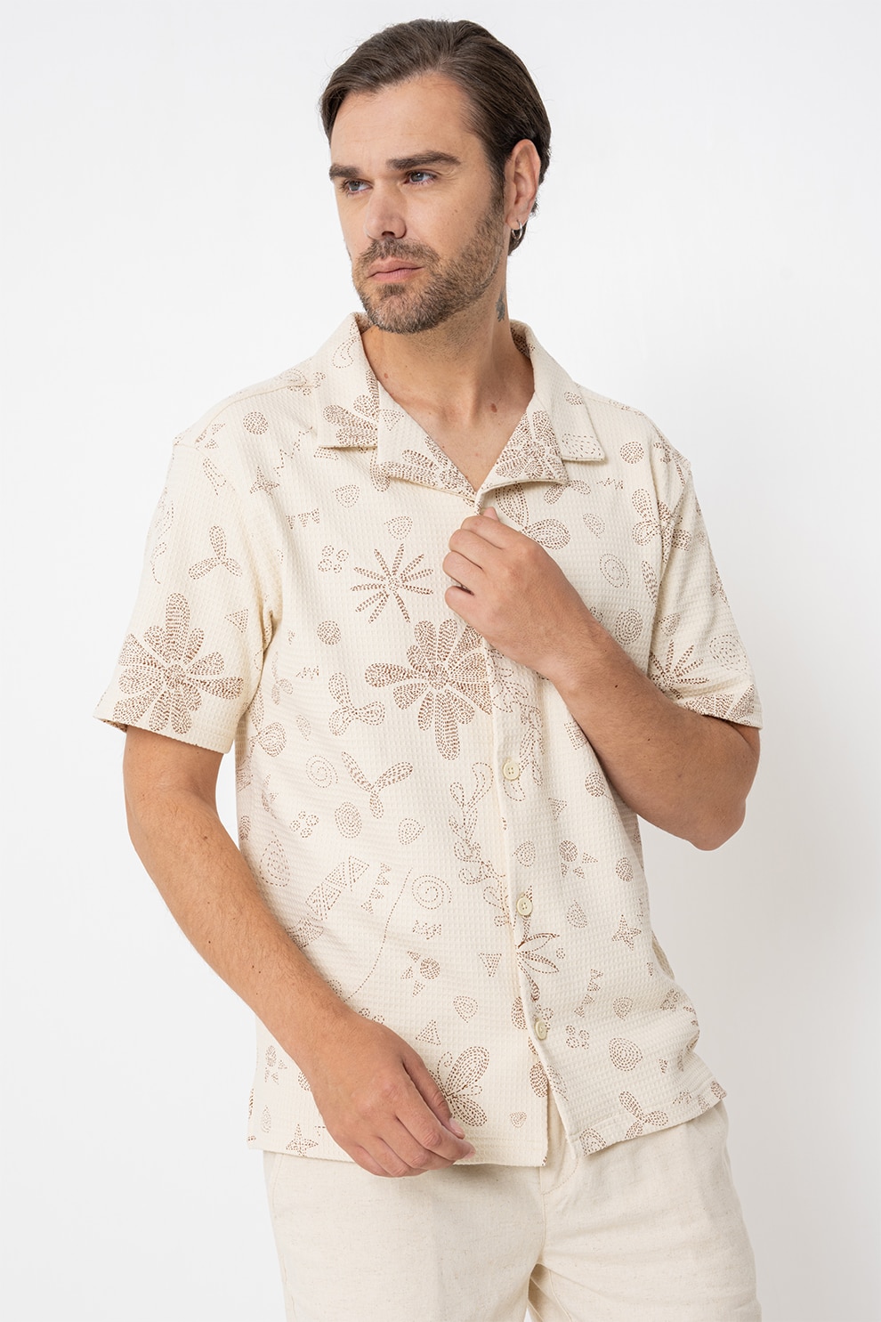 Only & Sons, Camasa relaxed fit din jerseu cu model grafic Baggio, Galben pal, Maro fango, M
