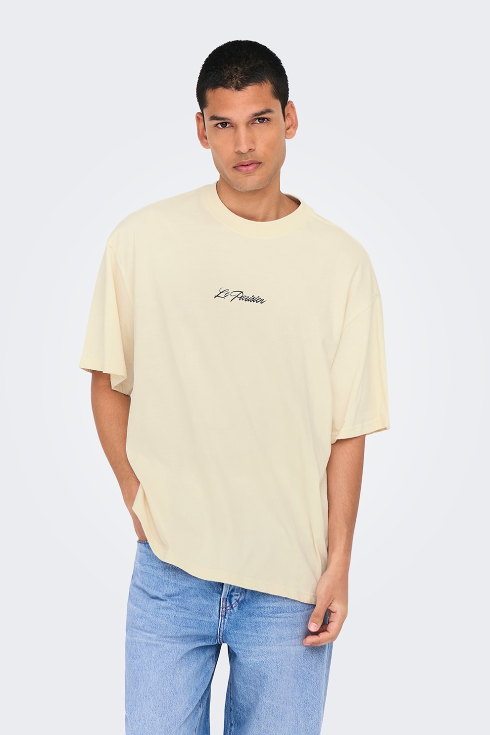Only & Sons, Tricou din bumbac cu imprimeu pe partea din spate, Rosu, Bej, XL