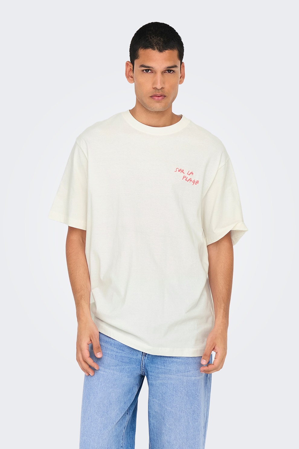 Only & Sons, Tricou din bumbac organic cu imprimeu pe partea din spate, Alb, Roz, L