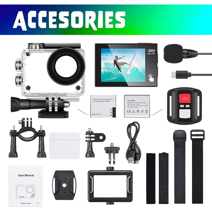 Camera de actiune, 4K 30fps Ultra HD, rezistenta la apa pana la 30m (100ft), camera subacvatica, WiFi, unghi ultra-larg 70°-170°, telecomanda, 2 baterii si kit de accesorii pentru casca