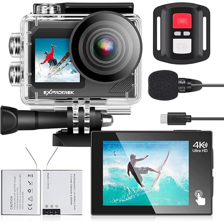 Екшън камера, 4K 30fps Ultra HD, водоустойчива до 30 м (100 фута), подводна камера, WiFi, ултраширок ъгъл 70°-170°, дистанционно управление, 2 батерии и комплект аксесоари за каска
