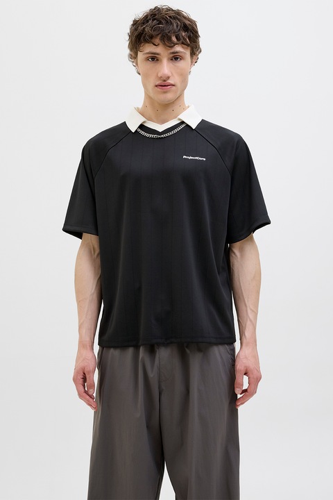 Jack & Jones, Bő fazonú galléros póló raglánujjakkal, Fekete