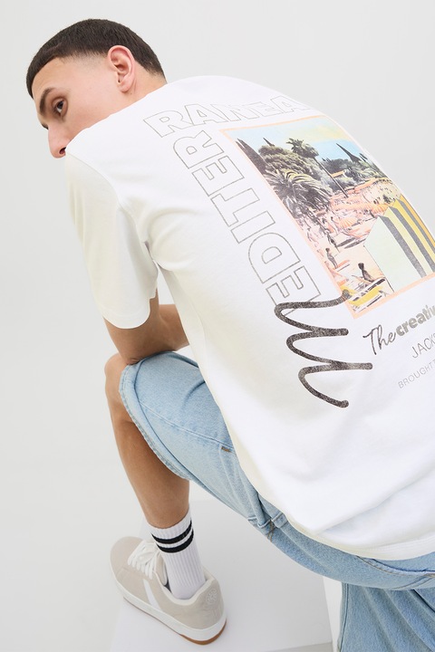 Jack & Jones, Mintás pamutpóló, Koptatott fekete/Fehér