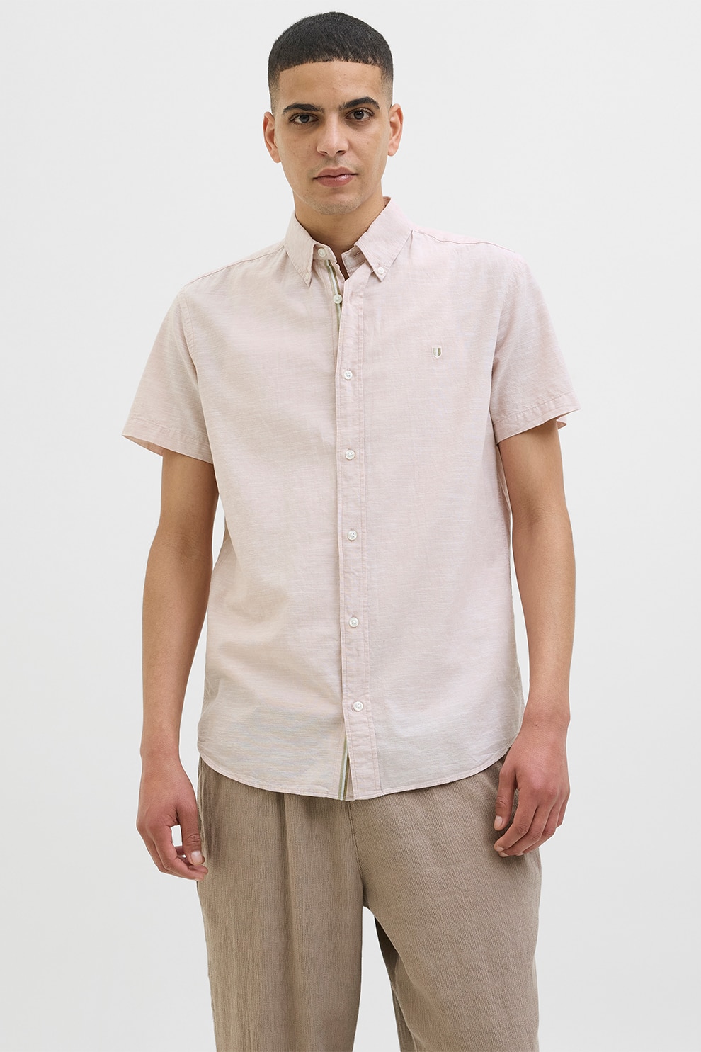 Jack & Jones, Camasa din amestec de in cu guler fixat cu nasturi, Roz prafuit, L