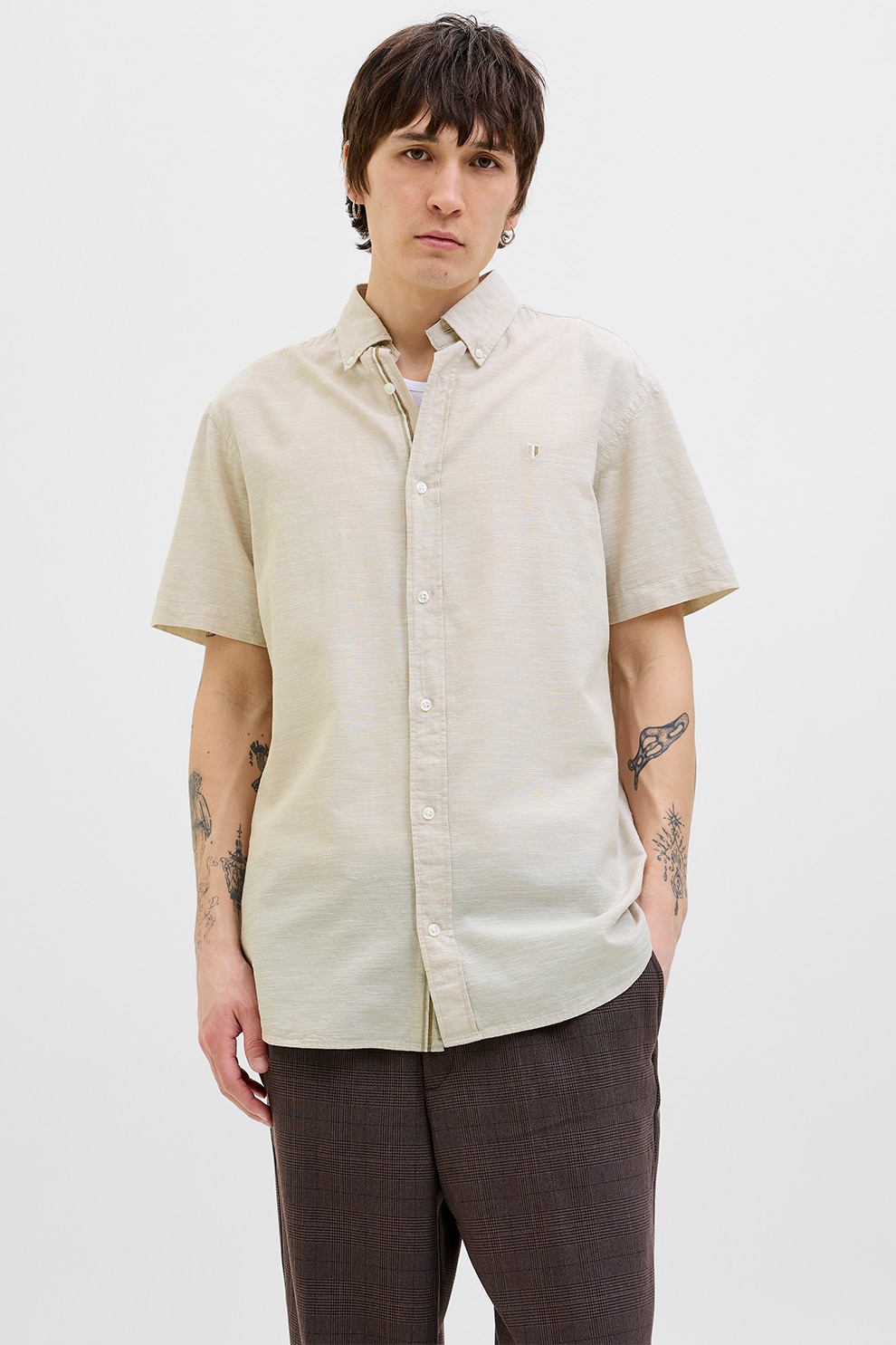 Jack & Jones, Camasa din amestec de in cu guler fixat cu nasturi, Alb fildes, L