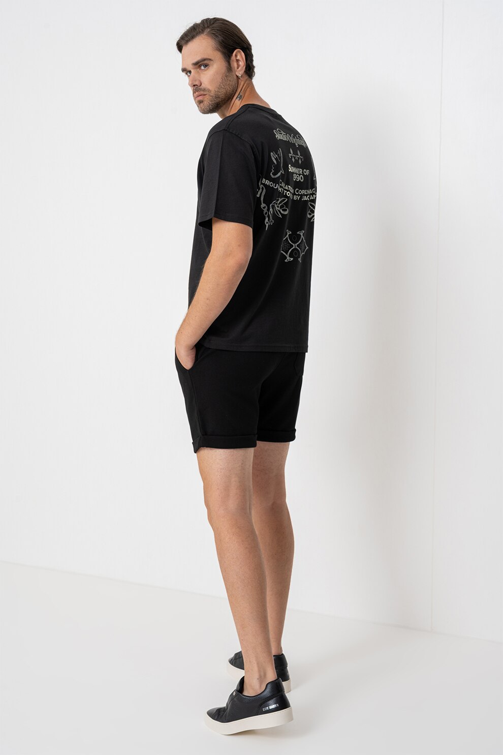 Jack & Jones, Tricou cu imprimeu pe partea din spate, Negru, Alb murdar, S