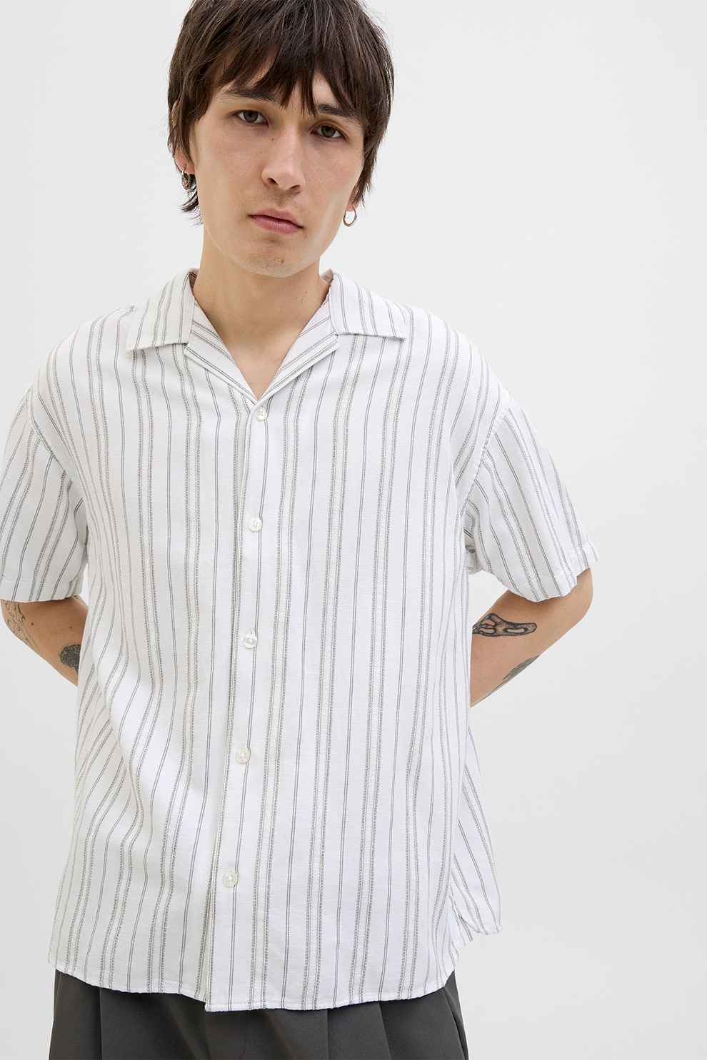 Jack & Jones, Camasa din amestec de in cu model in dungi, Alb, Gri, L
