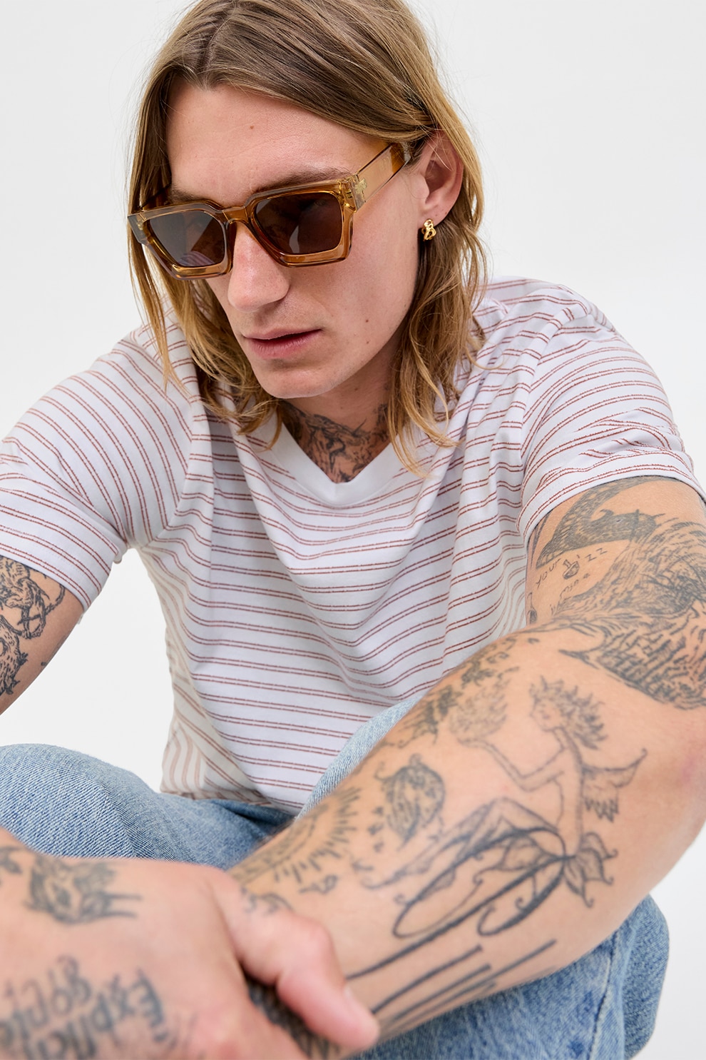 Jack & Jones, Tricou cu model in dungi si decolteu la baza gatului, Rosu, Alb optic, M