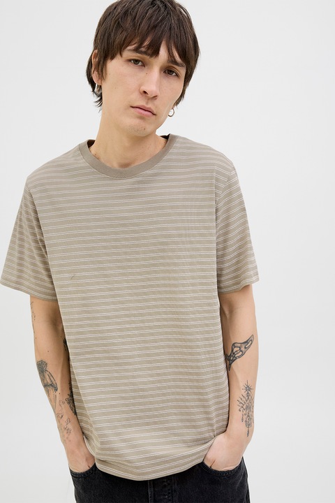 Jack & Jones, Kerek nyakú csíkos póló, Fehér/Tevebarna