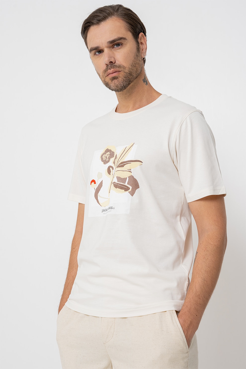 Jack & Jones, Tricou lejer cu imprimeu, Galben sofran, Galben pal, Maro fango, XL