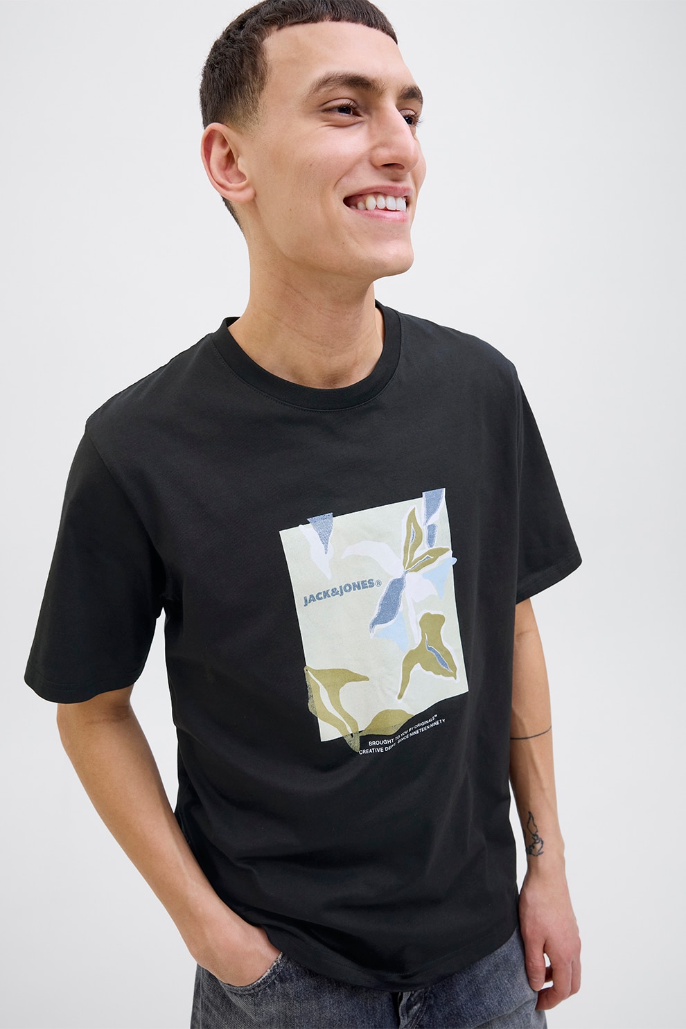 Jack & Jones, Tricou lejer cu imprimeu, Negru, Verde pal, L
