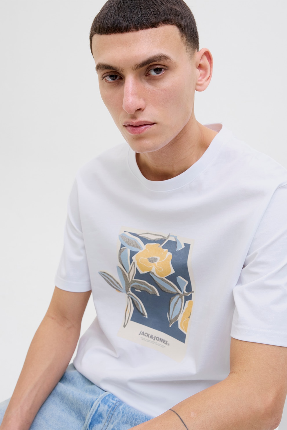 Jack & Jones, Tricou lejer cu imprimeu, Alb, Galben, Bleumarin, XL