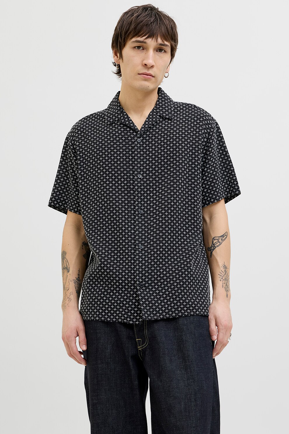 Jack & Jones, Camasa cu cusaturi decorative, Negru, Alb murdar, XL