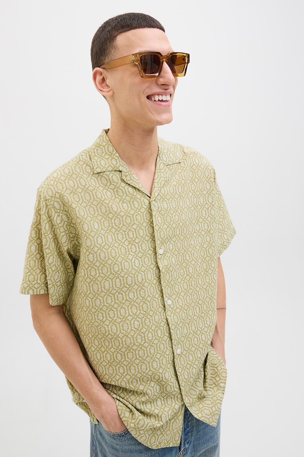 Jack & Jones, Camasa lejera cu model geometric, Verde deschis, M