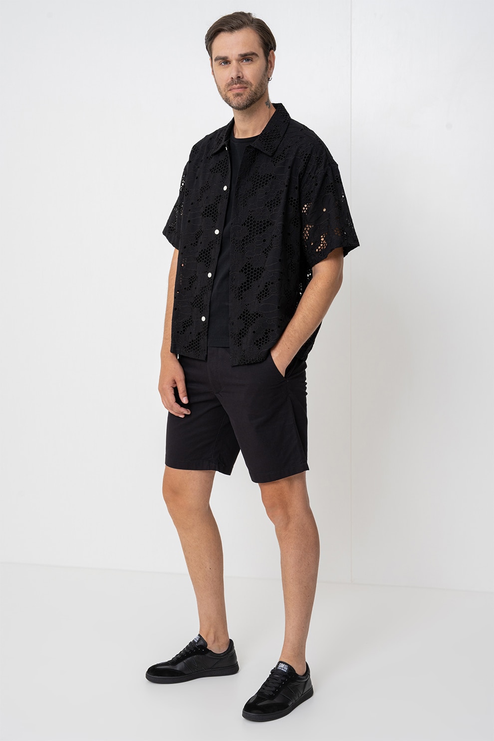 Jack & Jones, Camasa cu aspect cu perforatii, Negru, XL