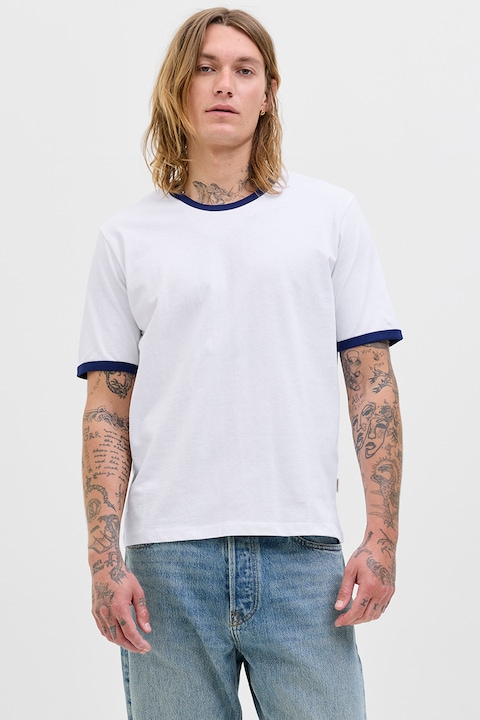 Jack & Jones, Тениска с контрасти, Бял/Тъмносин