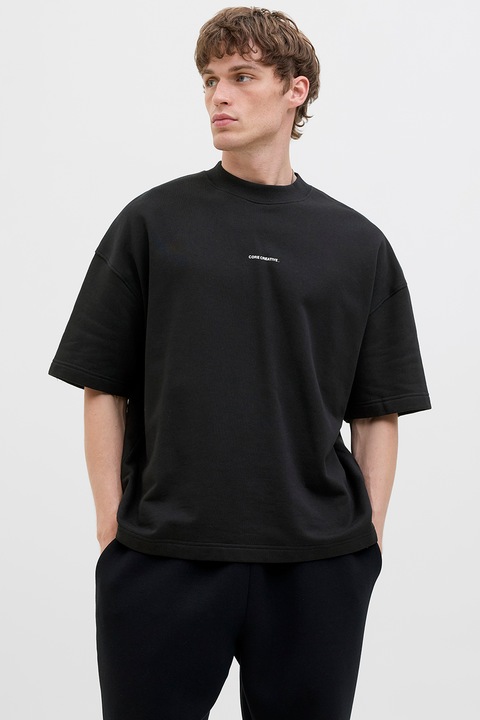 Jack & Jones, Kerek nyakú feliratos póló, Fekete/Törtfehér