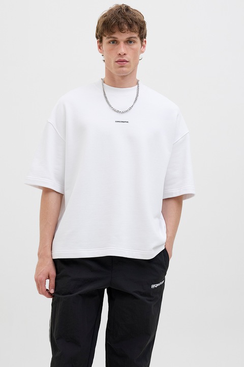 Jack & Jones, Kerek nyakú feliratos póló, Fekete/Törtfehér