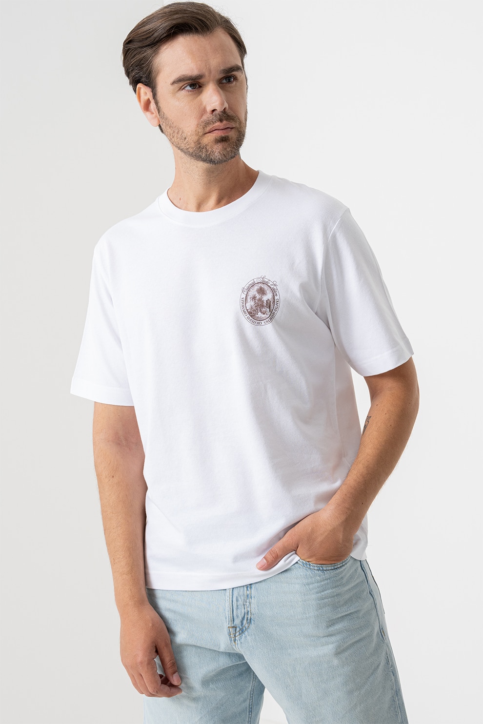 Jack & Jones, Tricou cu imprimeu pe partea din spate, Galben pal, Alb optic, Maro fango, M