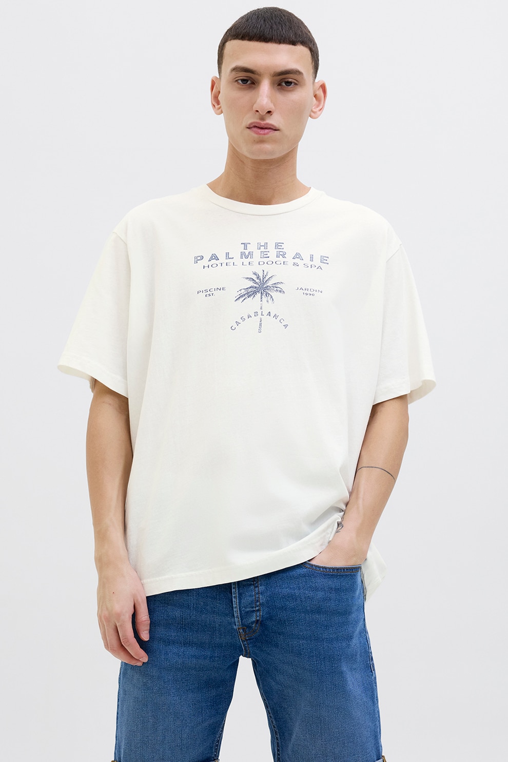 Jack & Jones, Tricou cu imprimeu text, Alb fildes, Albastru inchis, XL