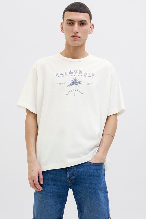 Jack & Jones, Feliratos póló, Csontszín/Sötétkék