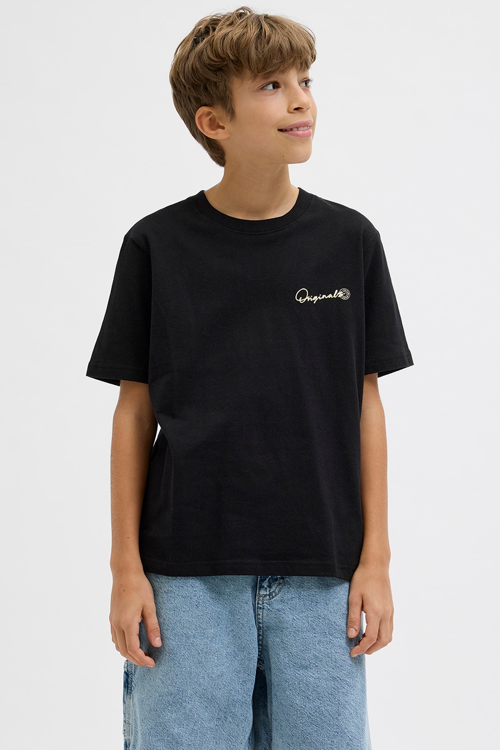 Jack & Jones, Tricou cu imprimeu pe spate, Alb fildes, Negru, 152 CM