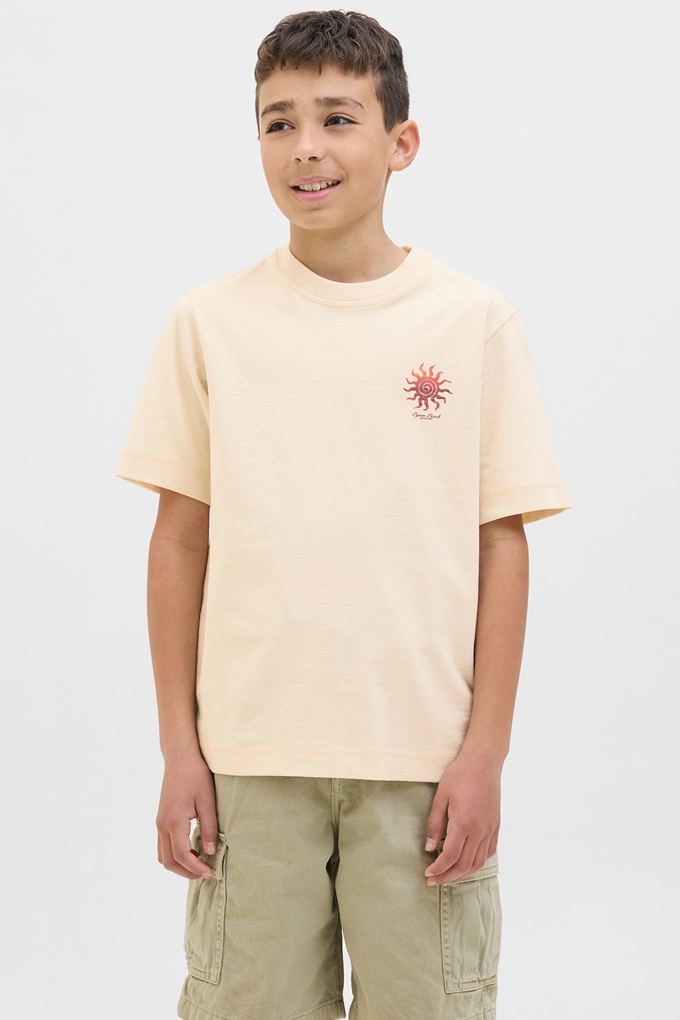 Jack & Jones, Tricou cu imprimeu si decolteu la baza gatului, Rosu stins, Crem, 176 CM
