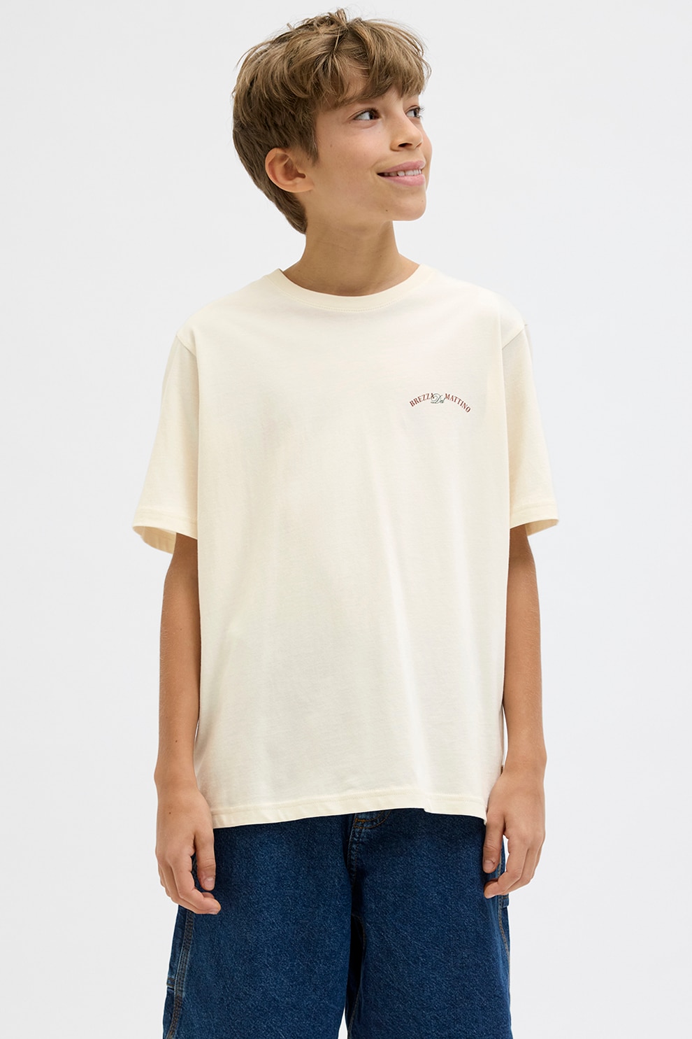 Jack & Jones, Tricou cu imprimeu si maneci cazute, Crem, 152 CM