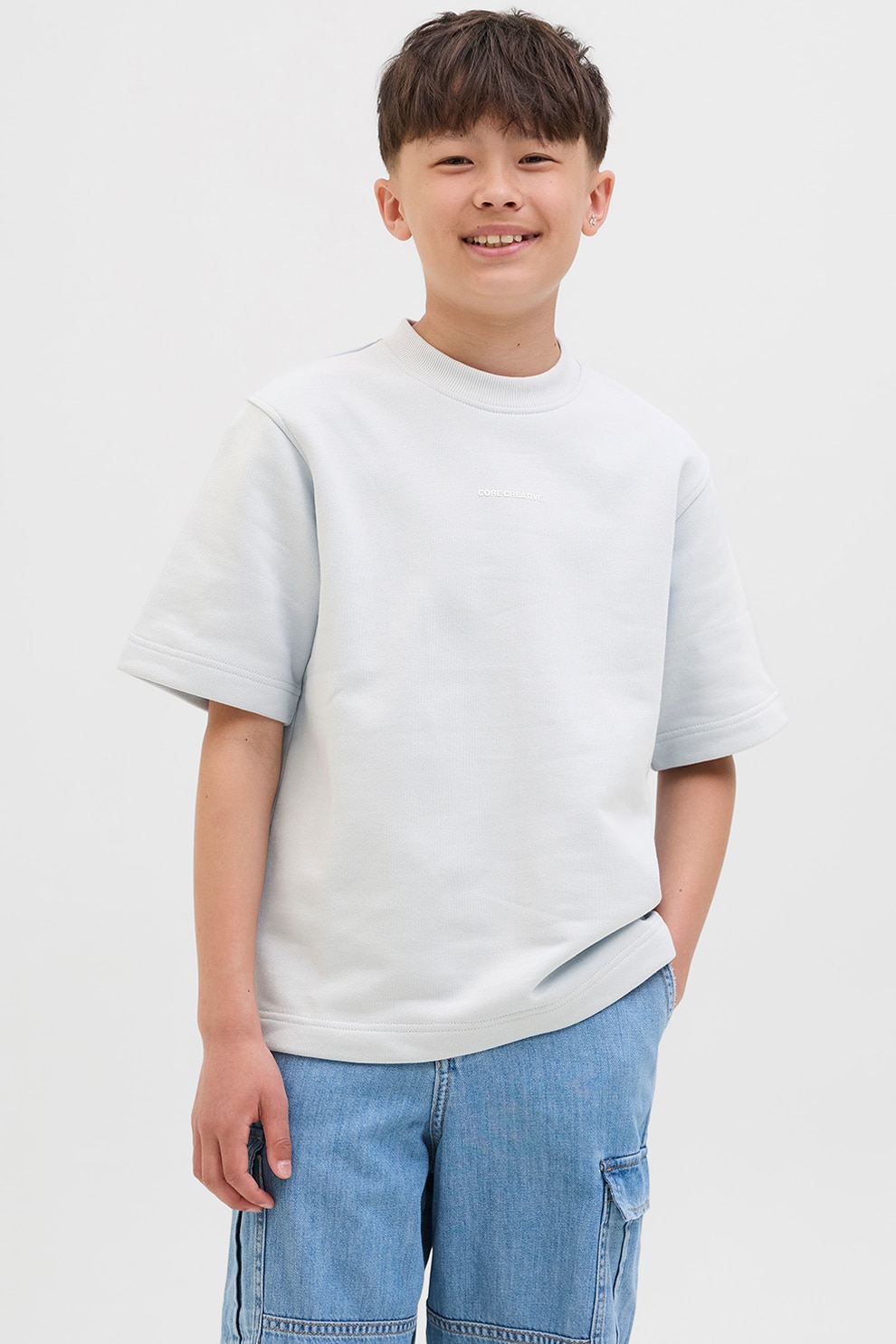 Jack & Jones, Tricou de bumbac cu decolteu la baza gatului, Gri deschis, 140 CM