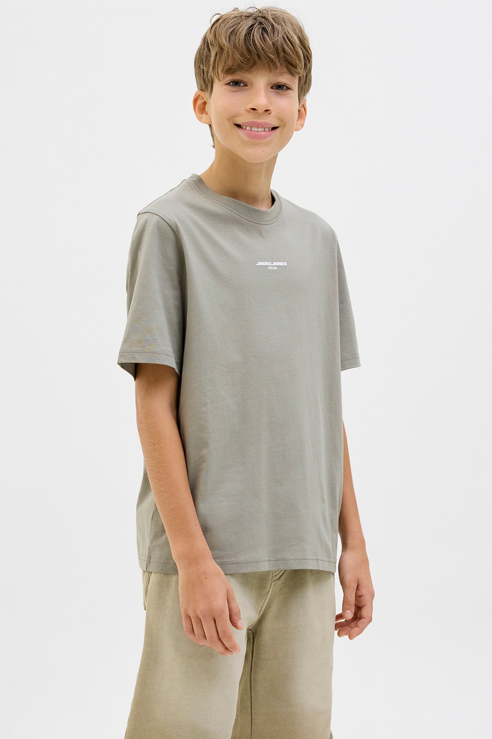 Jack & Jones, Tricou cu imprimeu si decolteu la baza gatului, Gri cenusiu, Alb murdar, Roz, 152 CM