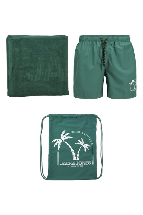 Jack & Jones, Set de pantaloni scurti de baie si prosop - 2 piese, Alb/Verde