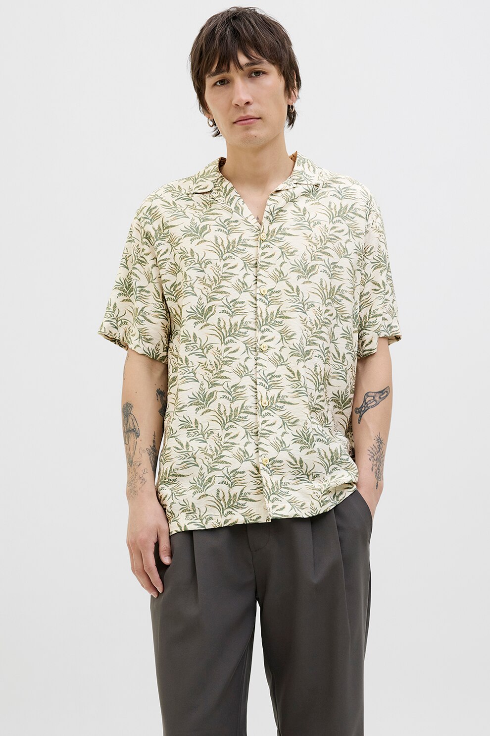 Jack & Jones, Camasa cu imprimeu si maneci scurte, Alb fildes, Verde spranghel, XL