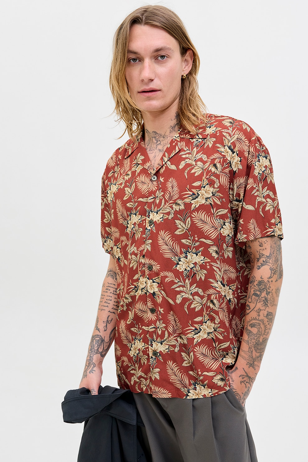 Jack & Jones, Camasa din modal cu imprimeu, Alb fildes, Caramiziu, L