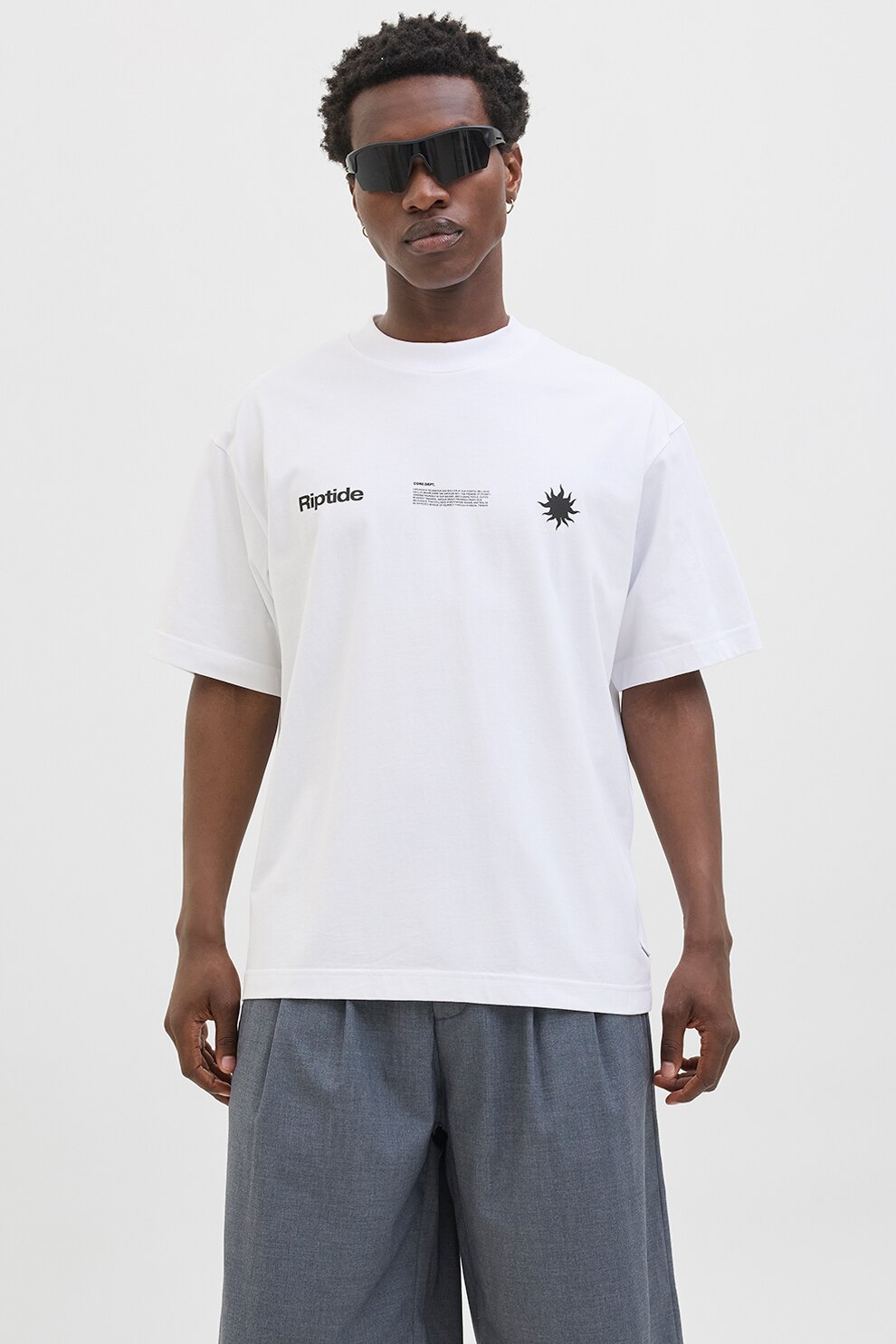 Jack & Jones, Tricou lejer cu imprimeu text, Negru stins, Alb murdar, L