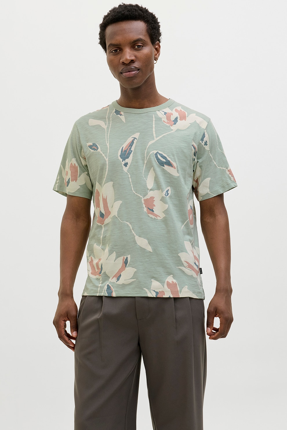 Jack & Jones, Tricou cu decolteu la baza gatului si imprimeu, Alb fildes, Caramiziu, Verde deschis, XL