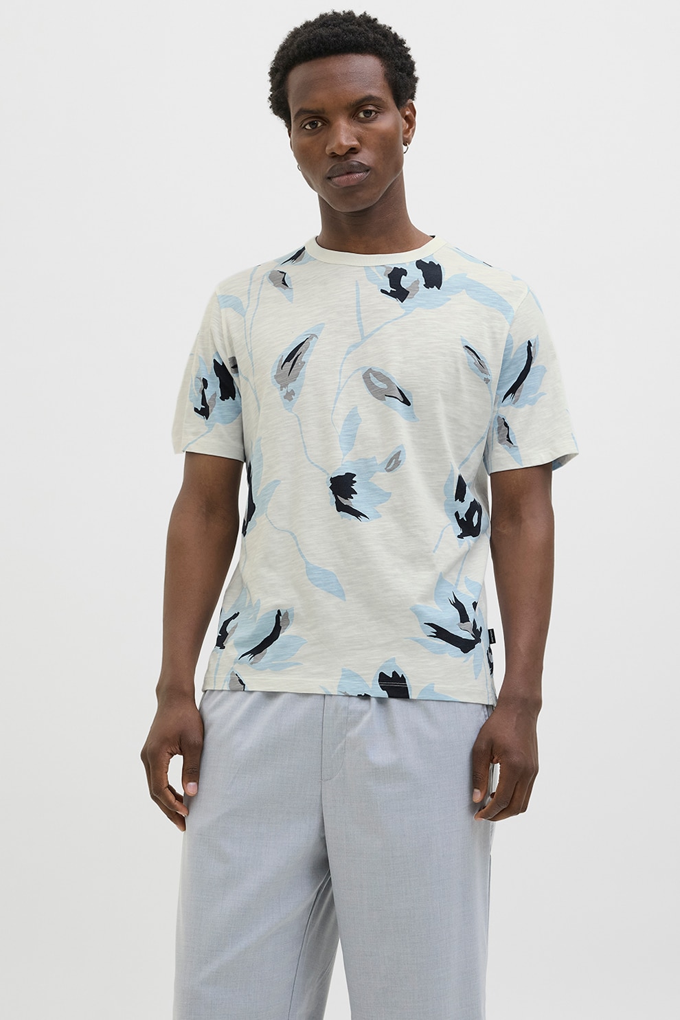 Jack & Jones, Tricou cu decolteu la baza gatului si imprimeu, Albastru ultramarin, Alb murdar, Albastru deschis, S