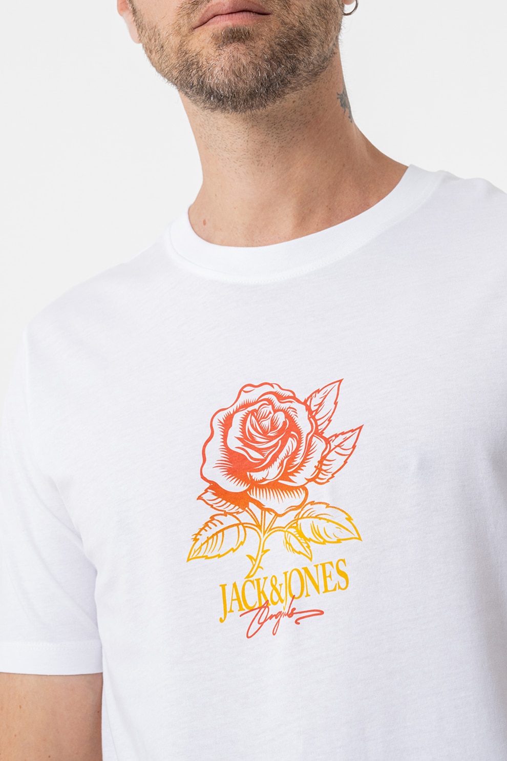 Jack & Jones, Tricou cu decolteu la baza gatului si logo, Corai, Alb optic, S