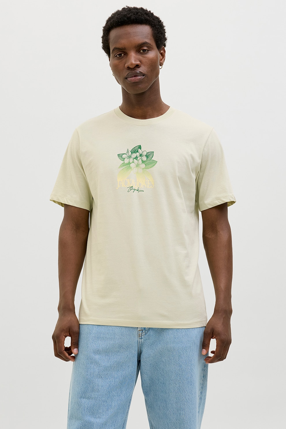Jack & Jones, Tricou cu decolteu la baza gatului si logo, Verde, Bej deschis, L
