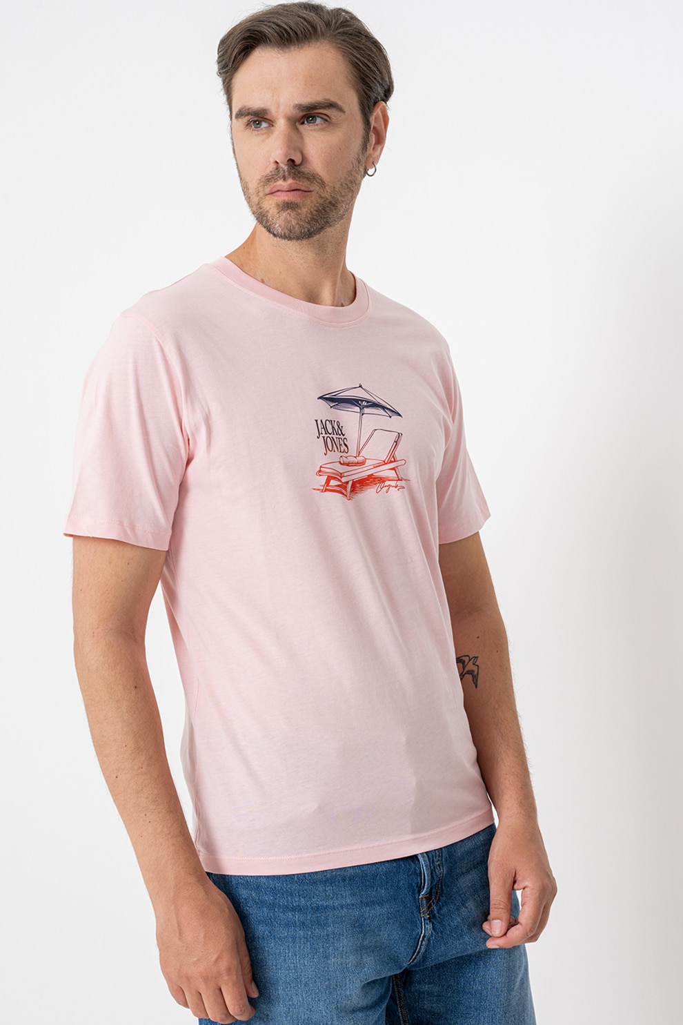 Jack & Jones, Tricou cu decolteu la baza gatului si logo, Rosu, Roz pastel, Negru stins, M