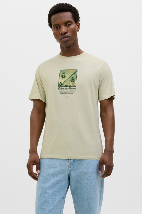 Jack & Jones, Памучна тениска с принт, Светло бежово/Зелени аспержи