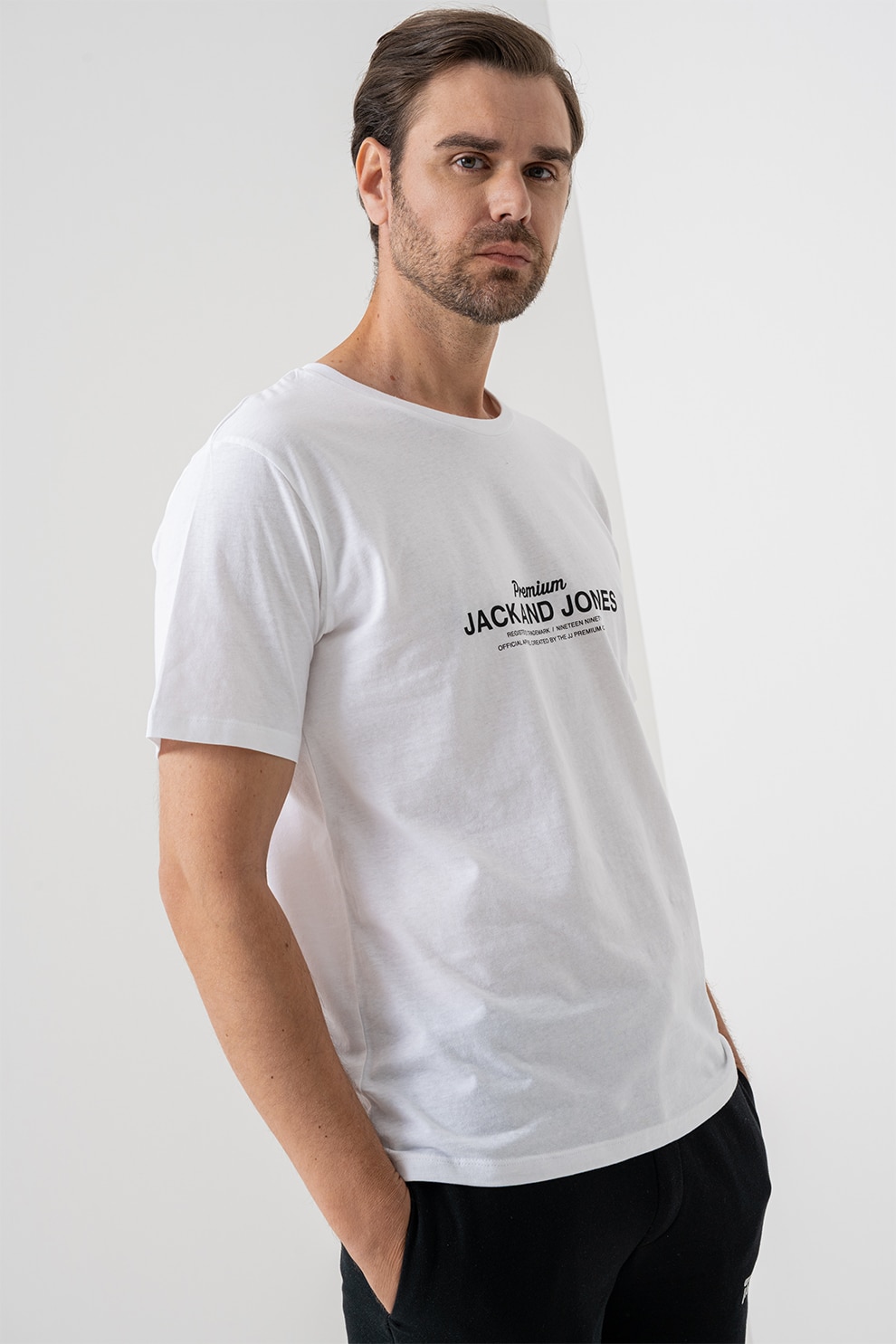 Jack & Jones, Tricou regular fit cu imprimeu logo, Negru stins, Alb optic, M