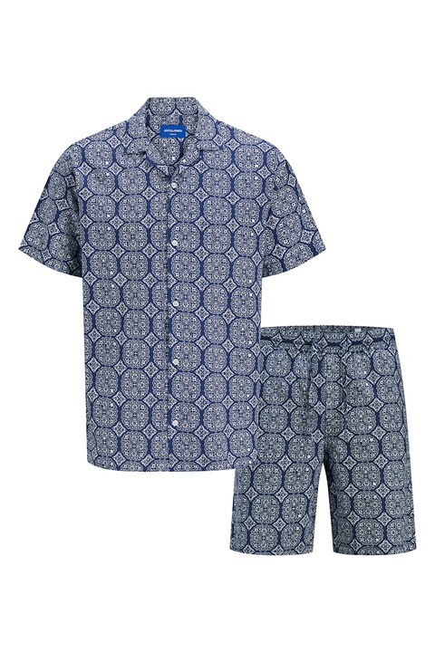 Jack & Jones, Set de camasa polo si pantaloni scurti cu model - 2 piese, Albastru inchis/Alb murdar