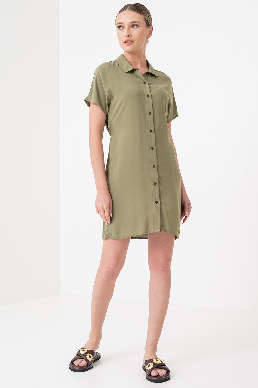 Only, Rochie-camasa cu un cordon in talie Nova, Verde masliniu, L