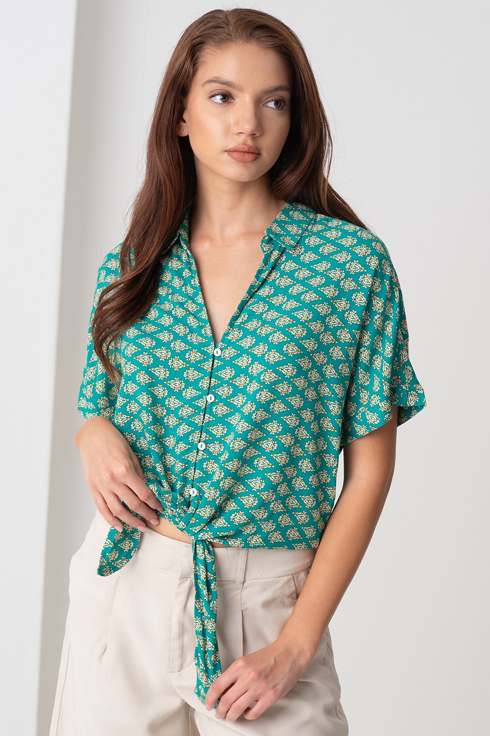 Only, Camasa crop cu decolteu in V si snururi frontale, Verde, M