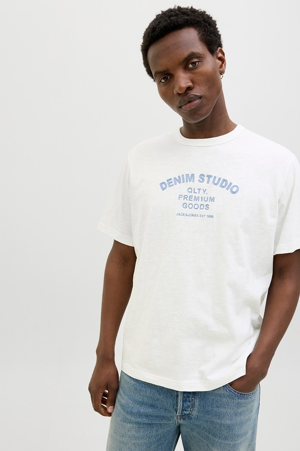 Jack & Jones, Tricou cu imprimeu text, Alb, Albastru, L