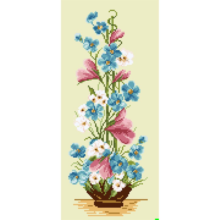 Goblen Ikebana cu flori albastre, Rogoblen - kit cu diagrama color, fire mouline si panza bej caroiata, 8 x 18 cm