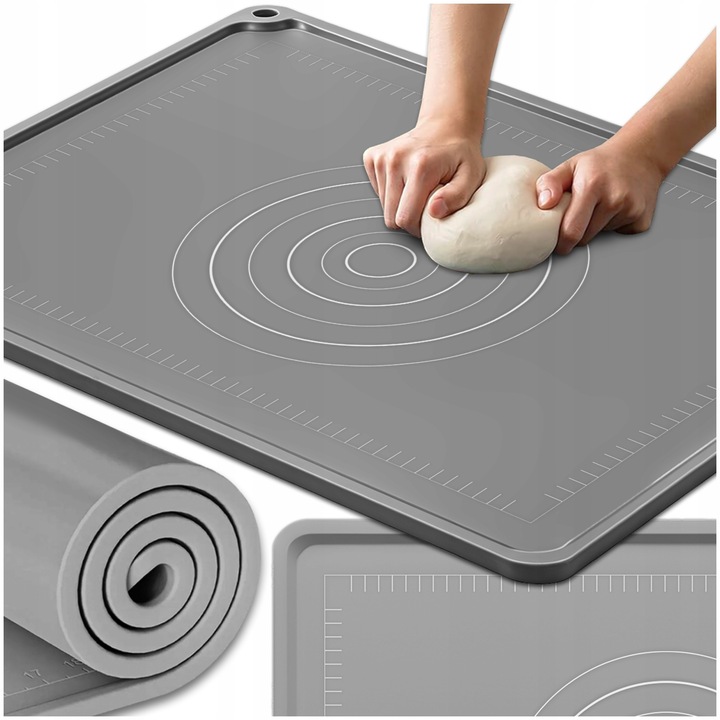 Covoras Din Silicon Pentru Rularea, Kuketo, 80 x 60 cm, Cu Margine Inalta, Suprafata Antiaderenta, Fund Antiderapant, Grosime Aproximativ 1.5 mm, Etui De Protectie Pentru Depozitare, Gri