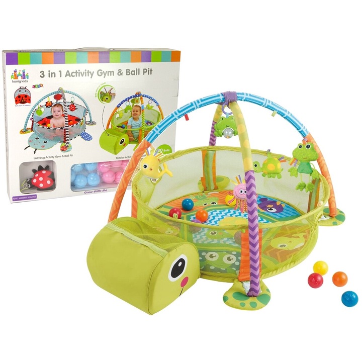 Covoras educativ LEAN TOYS Testoasa, multifuncțional cu 30 mingi, multicolor, 96x66x20cm, set complet