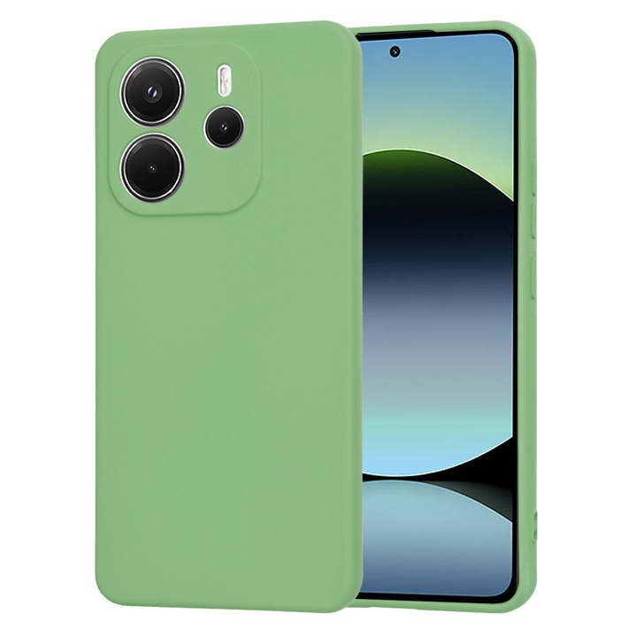 Кейс за Xiaomi Redmi Note 14 4G с течен силикон, тънък, подплатен с микрофибърна защита срещу пръстови отпечатъци на камерата, светло зелен